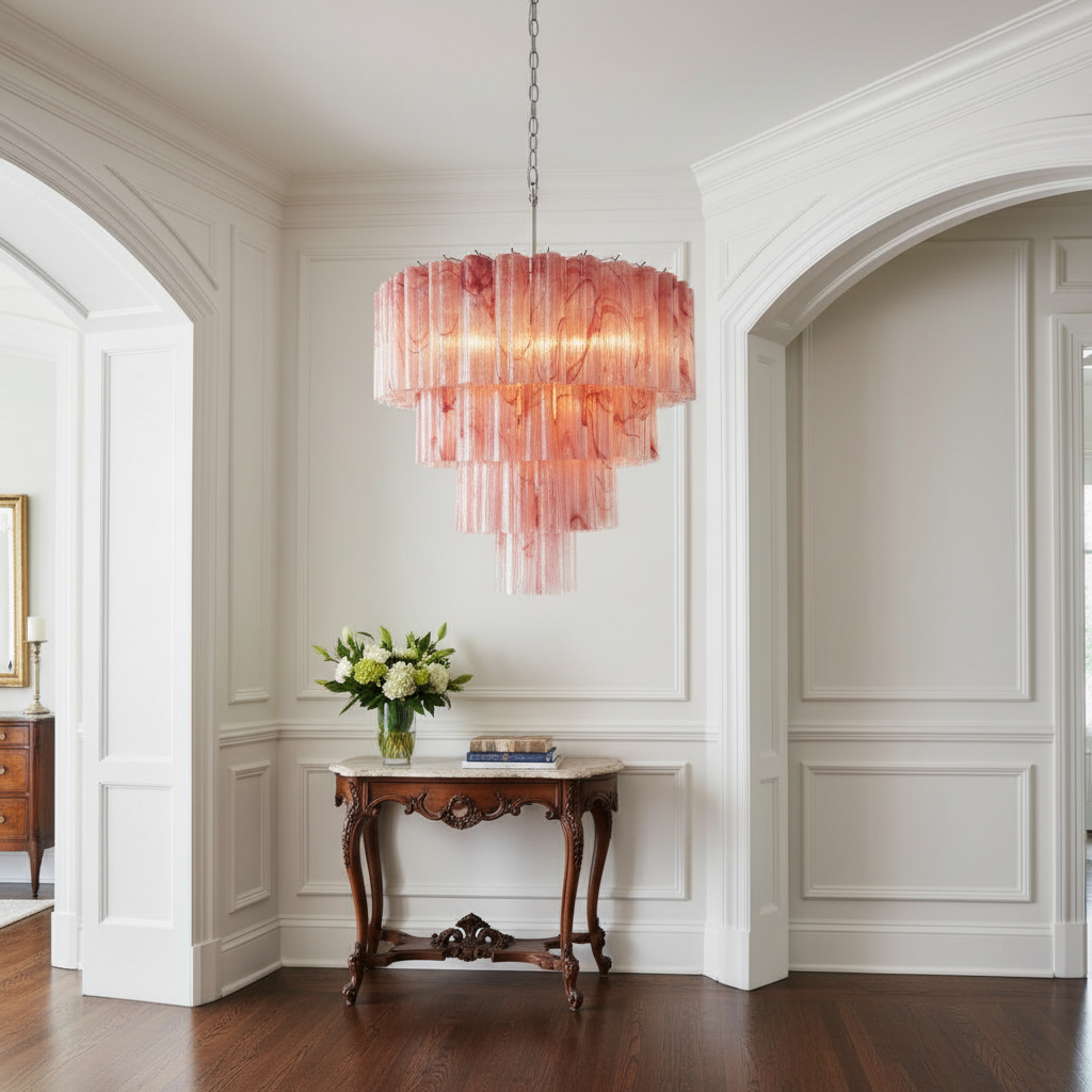 Venetian Handblown Tube Glass Chandelier 33.4" Pink
