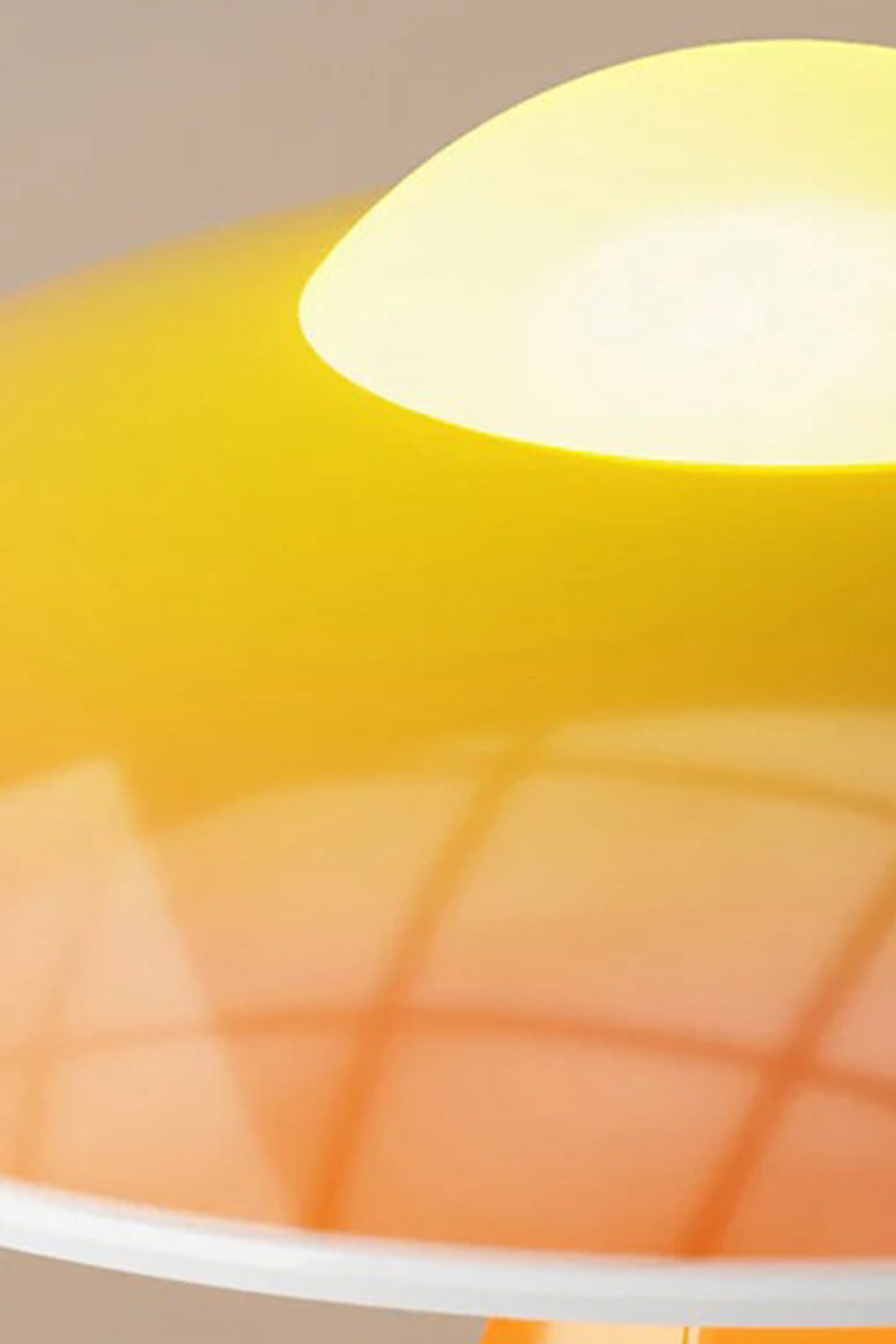 Duskora Retro Mushroom Table Lamp | Ceramic, Glass | Macro close-up profile of the glowing orange glossy dome shade under warm illumination, displaying smooth light diffusion | Detail shot | vexa lamps