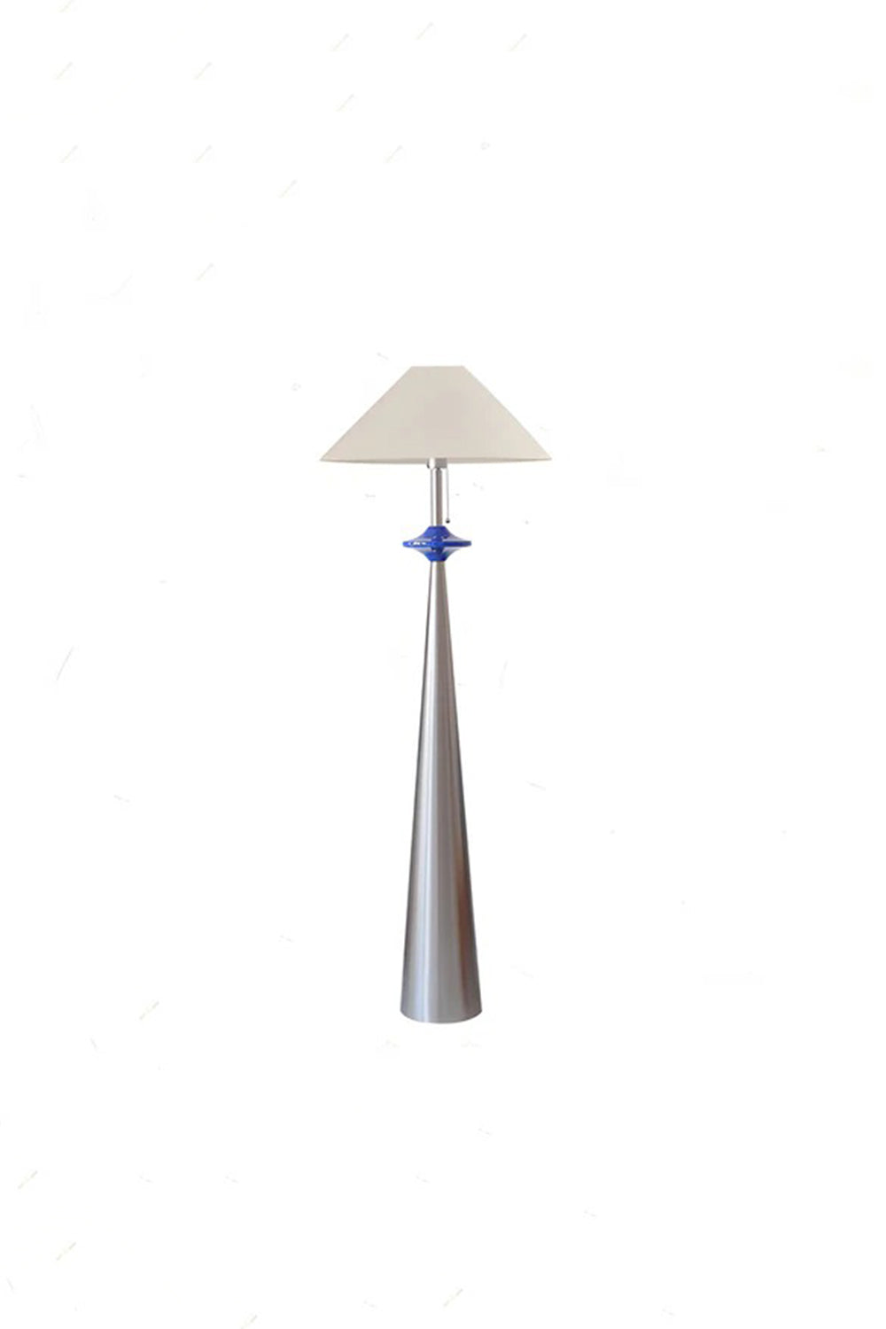 Lazuro Postmodern Cone Floor Light | Metal, Fabric | Front studio presentation of the unlit cone floor lamp variation showing the matte white shade and cobalt blue puck | vexa lamps