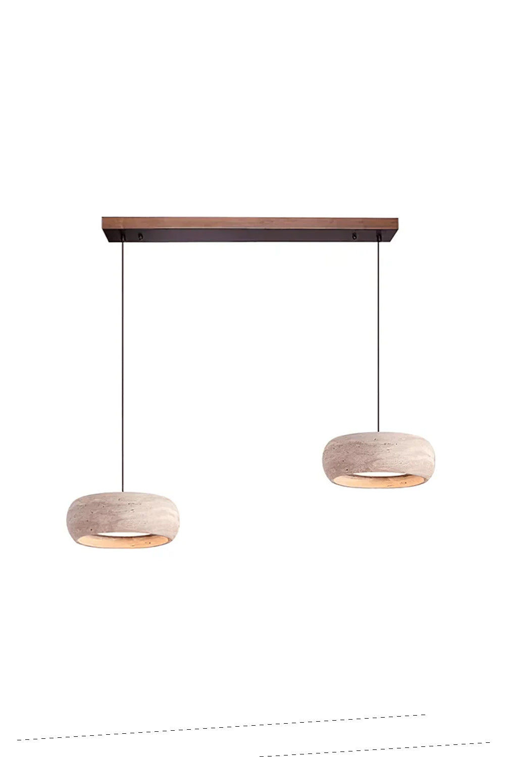 Maro Travertine Donut Pendant Light | Travertine, Metal, Wood | Studio view of the two-light variant featuring a pair of travertine donut lamps hanging from a short wooden linear ceiling canopy | vexa lamps