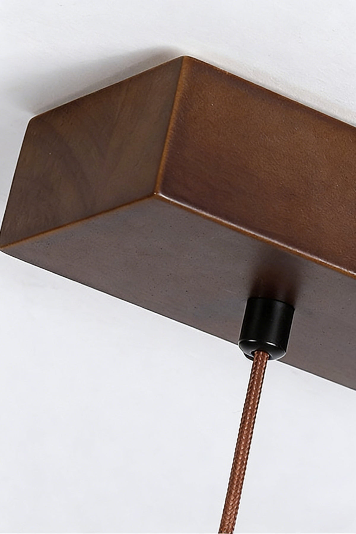 Close-up of wooden ceiling canopy and cord | Wood | Showing the dark wood finish and mounting detail | vexa lamps