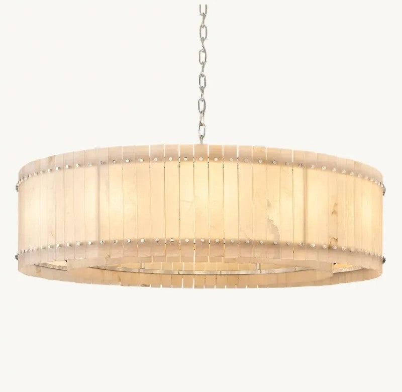 Zora Round Slat Alabaster Drum Chandelier 60”D