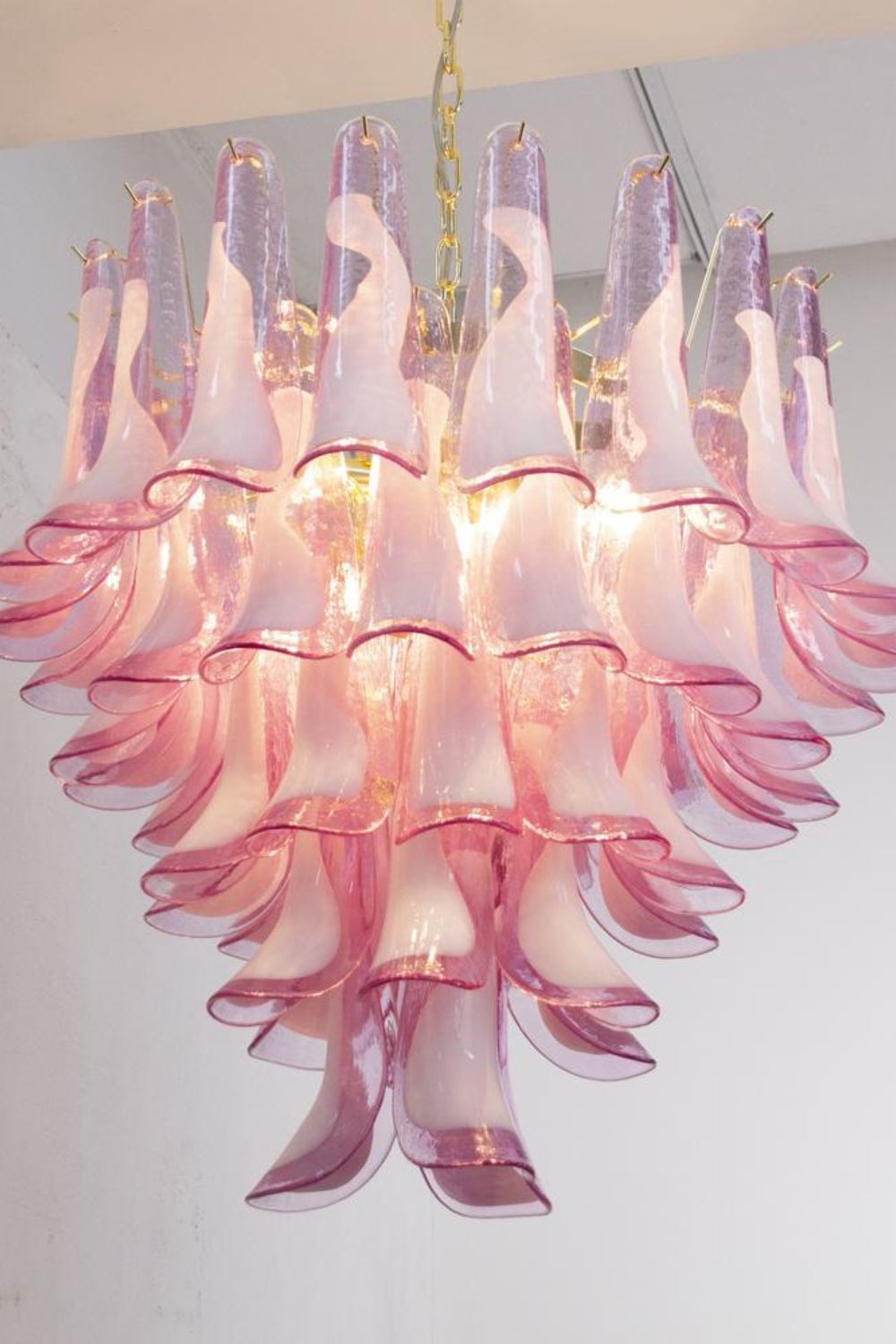 Fuchsia and White Art Glass Petal Tiered Chandelier - view 7 | everlamps