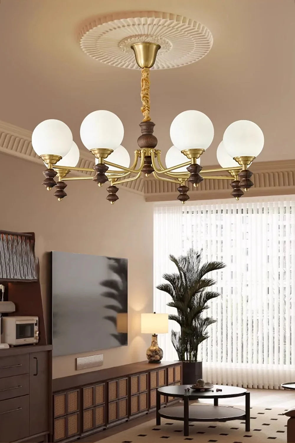 Vintage Globe Walnut Wood Chandelier - view 4 | everlamps
