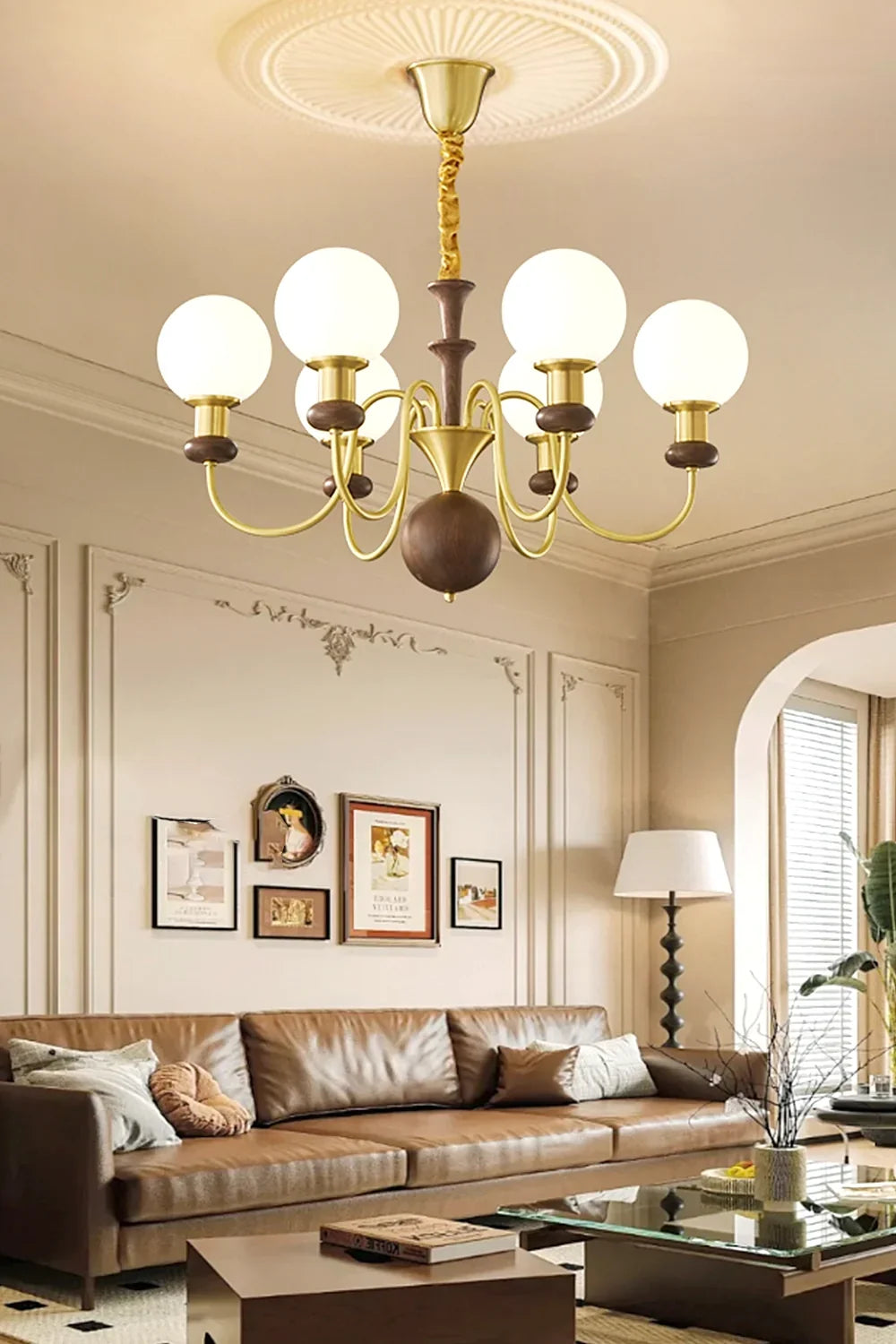 Vintage Walnut Wood Globe Chandelier - view 3 | everlamps