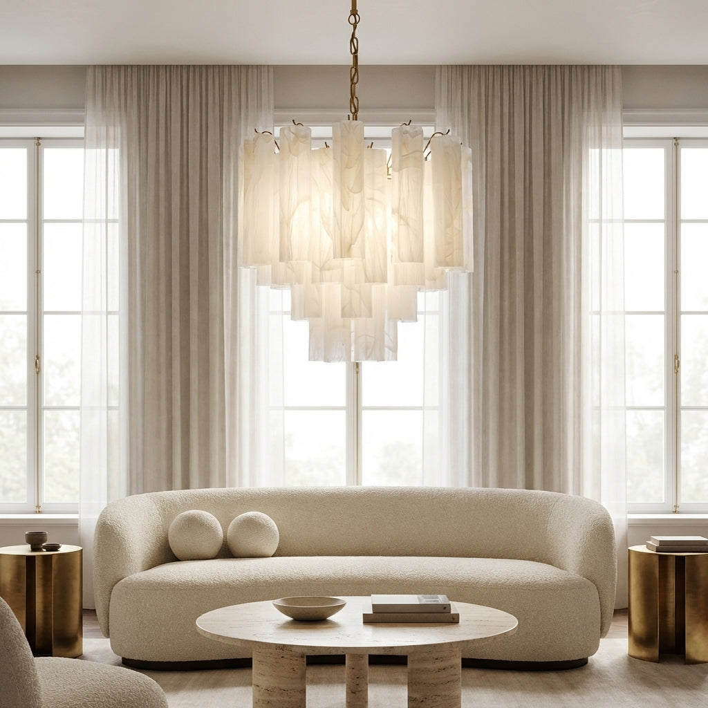 Venetian Handblown Tube Glass Chandelier 25.6" White 36 Tubes