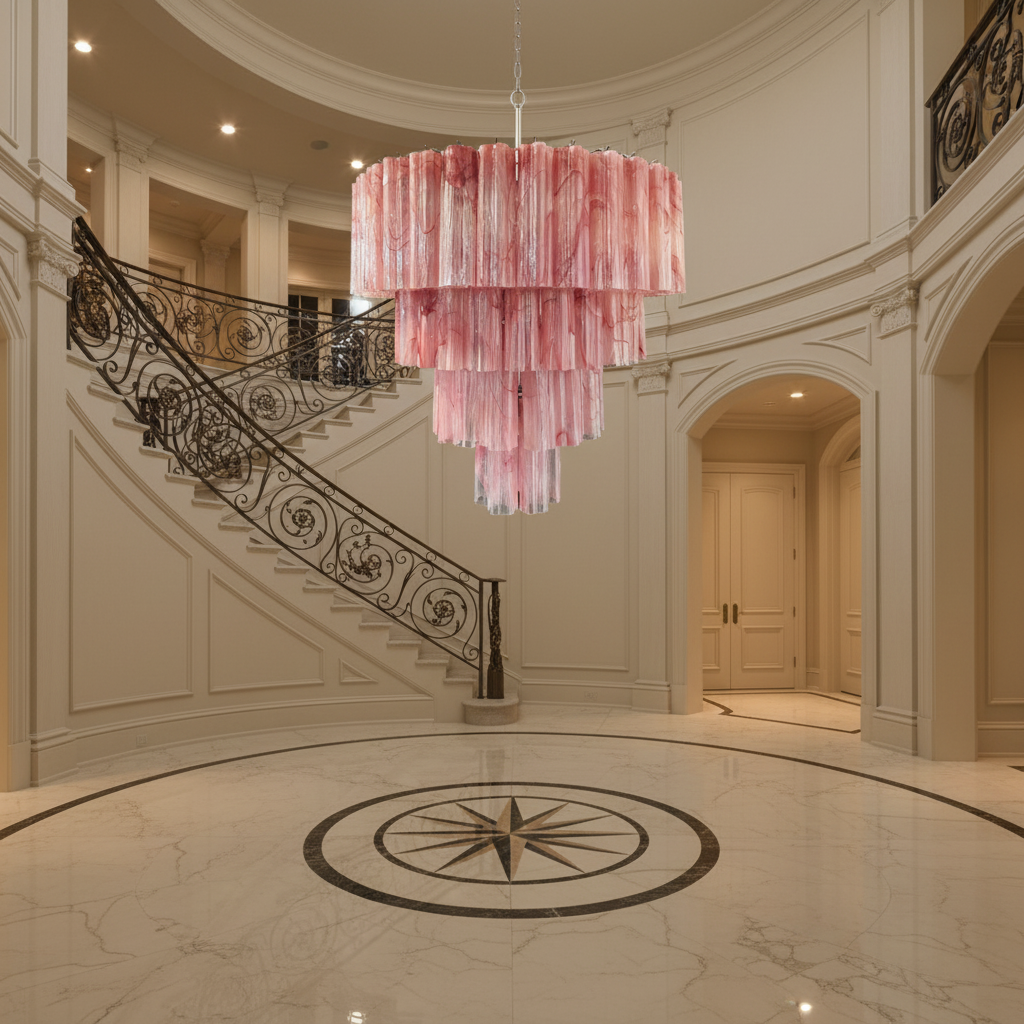 Venetian Handblown Tube Glass Chandelier 33.4" Pink