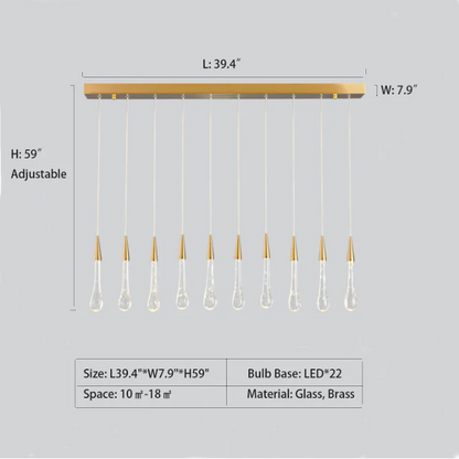 L39.4"*W7.9"*H59.0" chandelier,chandeliers,pendant,glass,light luxury,luxury,gold,long,high,staircase,spiral staircase,stair,raindrop rod,rods,kitchen island,dining table,dining bar,long table,big table,bar