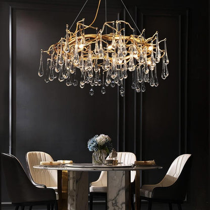 Branch Round Long Tear Crystal Chandelier