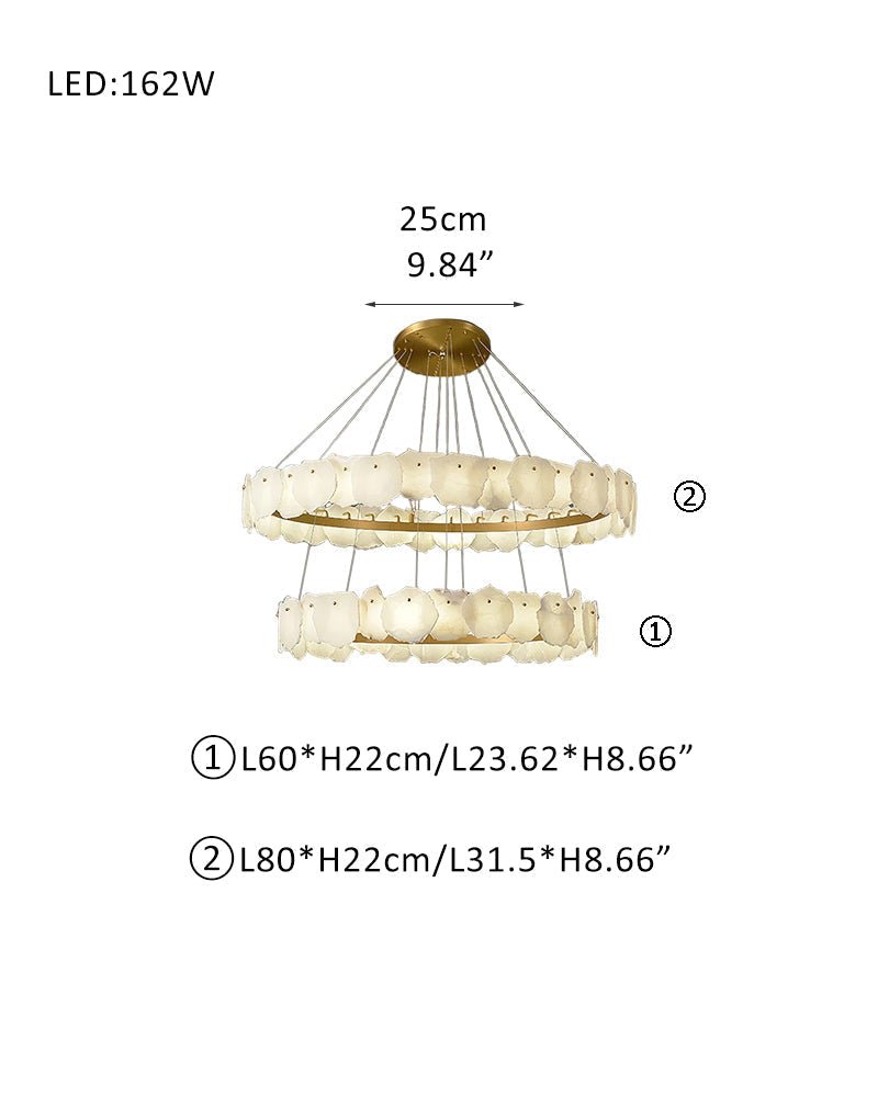 3 - tiered stairwell chandeliers | irregular alabaster plate in disk ceiling with long cord - D23.6" + D31.5"White + Brasseverlamps