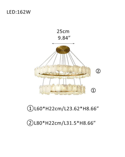 3 - tiered stairwell chandeliers | irregular alabaster plate in disk ceiling with long cord - D23.6" + D31.5"White + Brasseverlamps
