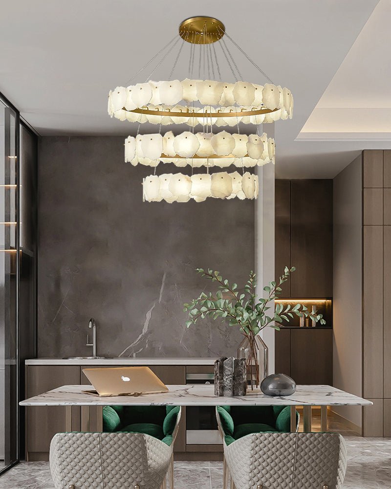 3 - tiered stairwell chandeliers | irregular alabaster plate in disk ceiling with long cord - D23.6" + D31.5"White + Brasseverlamps