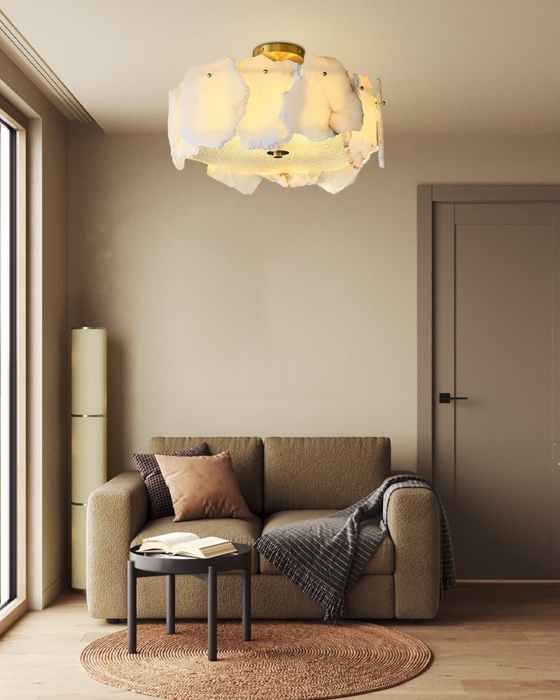 3 - tiered stairwell chandeliers | irregular alabaster plate in disk ceiling with long cord - D23.6" + D31.5"White + Brasseverlamps
