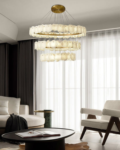 3 - tiered stairwell chandeliers | irregular alabaster plate in disk ceiling with long cord - D23.6" + D31.5"White + Brasseverlamps