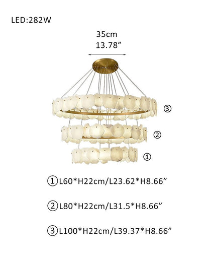 3 - tiered stairwell chandeliers | irregular alabaster plate in disk ceiling with long cord - D23.6" + D31.5" + D39.4"White + Brasseverlamps