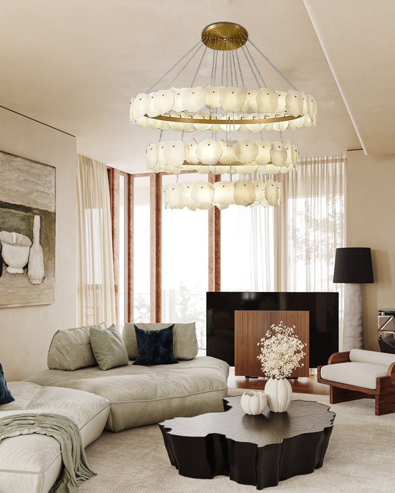 3 - tiered stairwell chandeliers | irregular alabaster plate in disk ceiling with long cord - D23.6" + D31.5"White + Brasseverlamps
