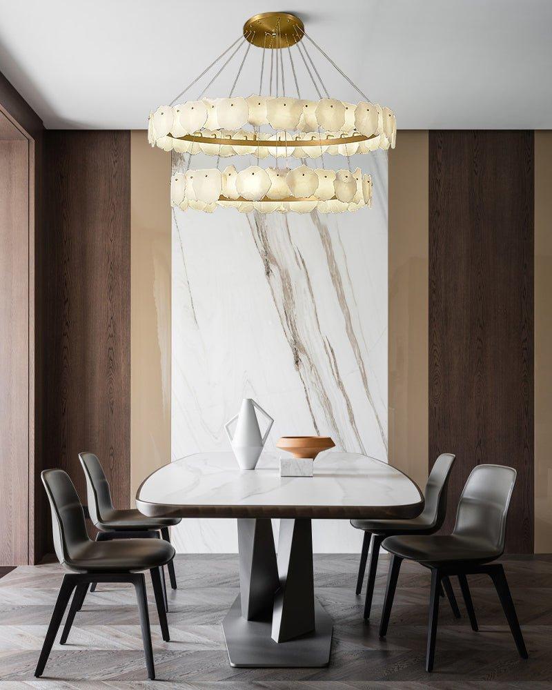 3 - tiered stairwell chandeliers | irregular alabaster plate in disk ceiling with long cord - D23.6" + D31.5"White + Brasseverlamps