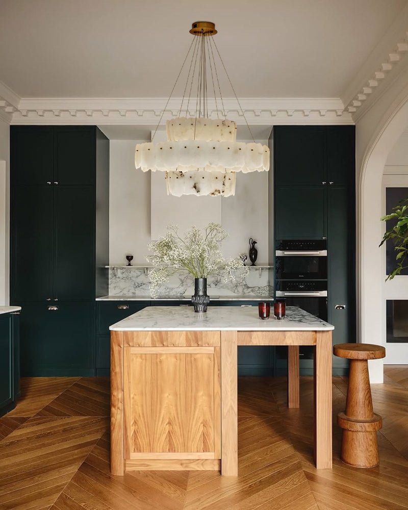 3 - tiered stairwell chandeliers | irregular alabaster plate in disk ceiling with long cord - D23.6" + D31.5"White + Brasseverlamps