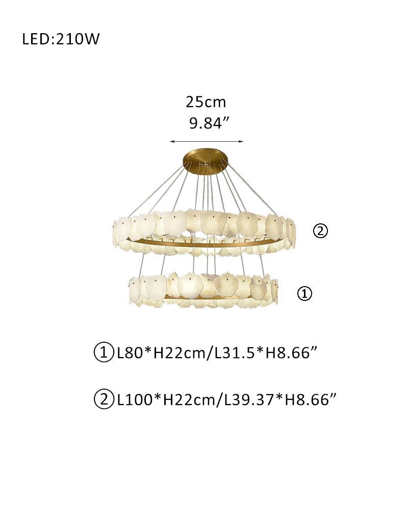 3 - tiered stairwell chandeliers | irregular alabaster plate in disk ceiling with long cord - D31.5" + D39.4"White + Brasseverlamps
