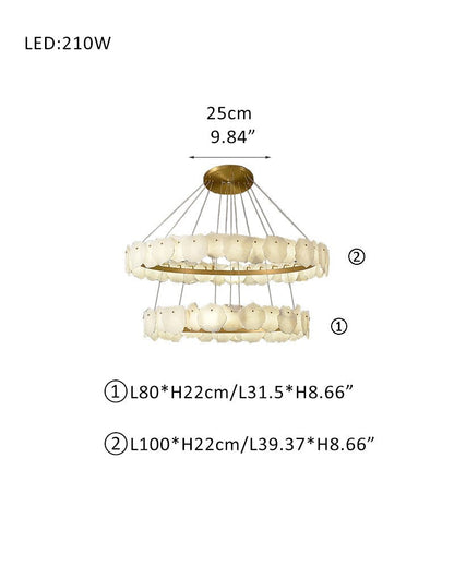 3 - tiered stairwell chandeliers | irregular alabaster plate in disk ceiling with long cord - D31.5" + D39.4"White + Brasseverlamps