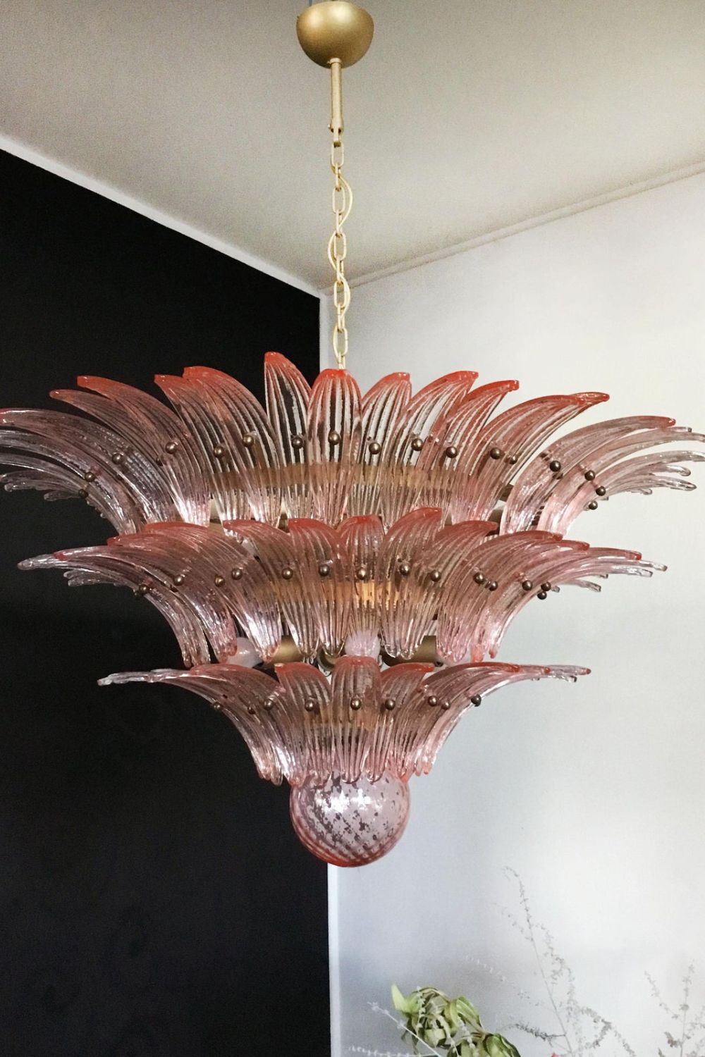 Art Vintage Palm Pink Triple Glass Chandelier - view 4 | everlamps