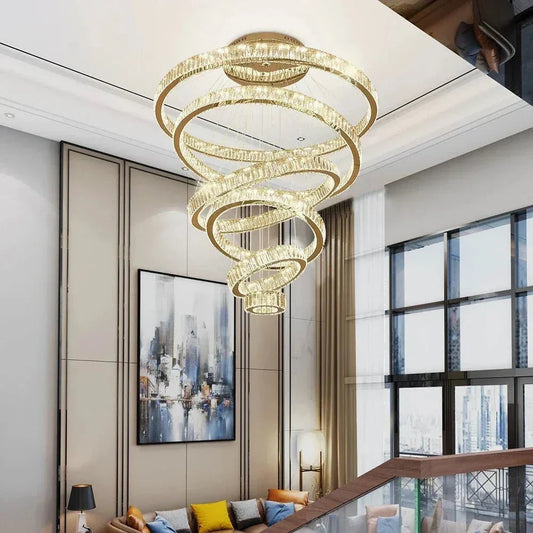 6 Tier Crystal Ring Chandelier for High Ceiling - GoldWarm white 3000Keverlamps