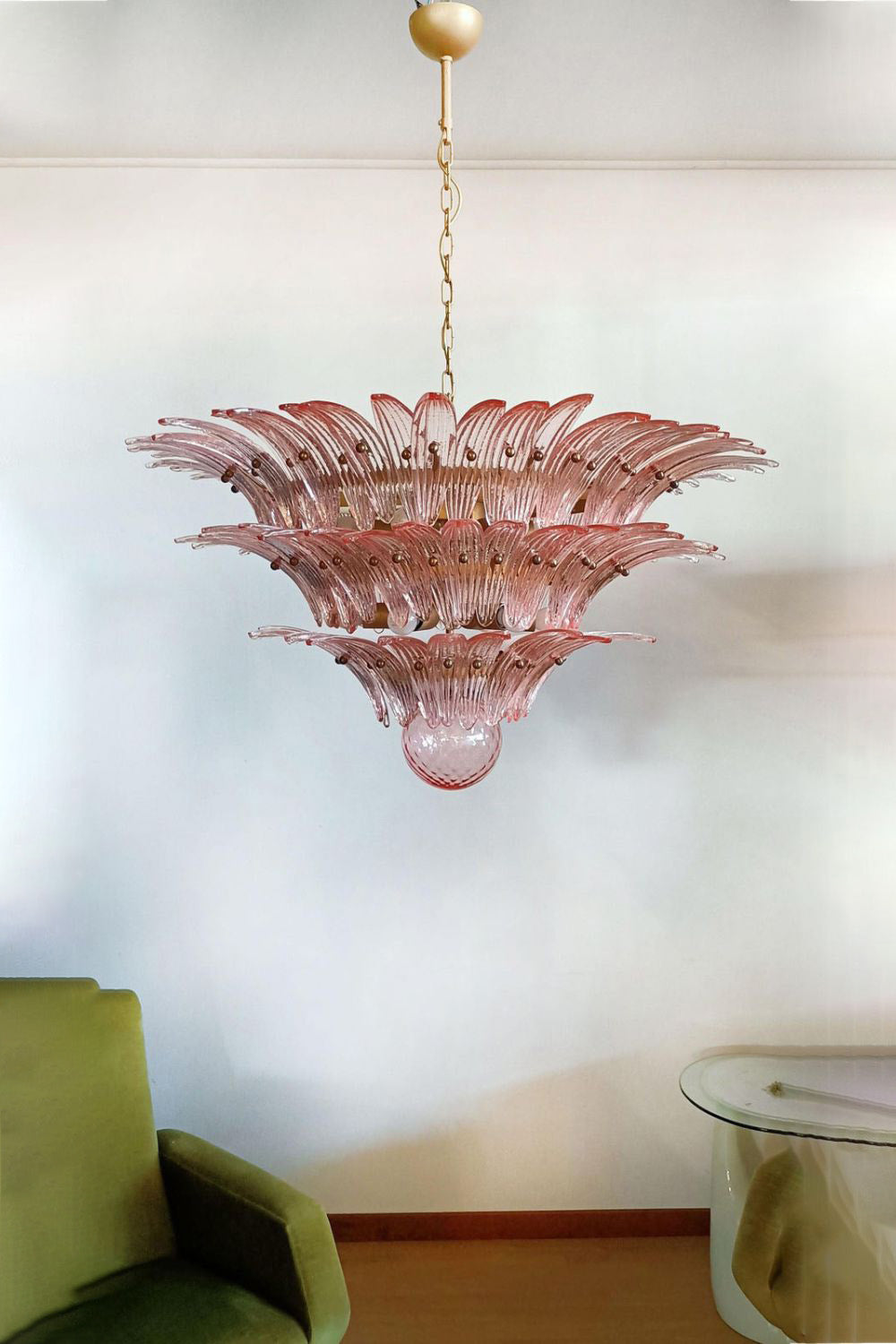 Art Vintage Palm Pink Triple Glass Chandelier - view 2 | everlamps