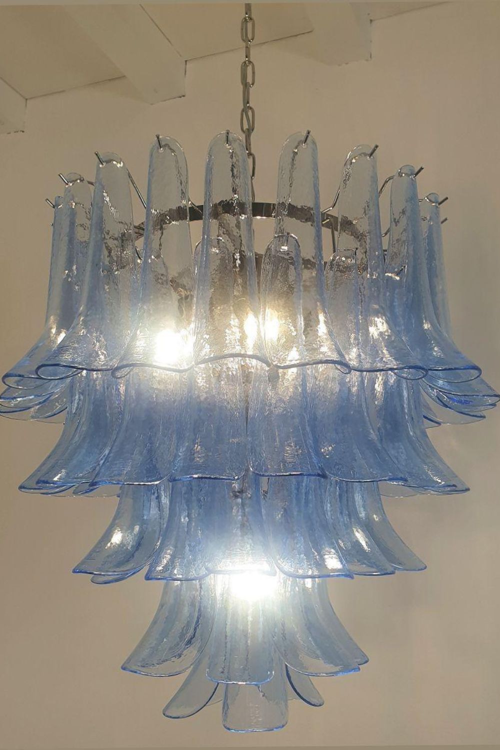 Vintage 1980s Blue Art Glass Petal Chandelier - view 6 | everlamps