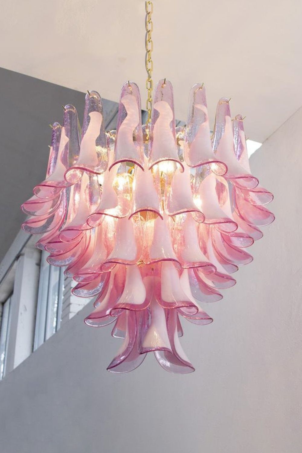 Fuchsia and White Art Glass Petal Tiered Chandelier - view 4 | everlamps