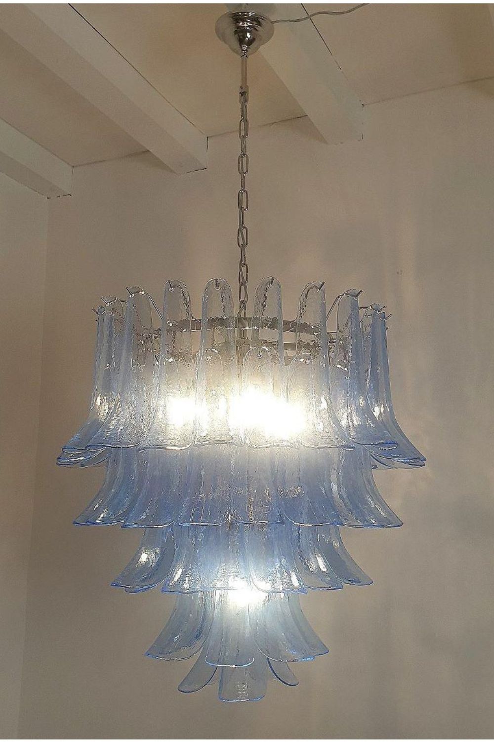 Vintage 1980s Blue Art Glass Petal Chandelier - view 3 | everlamps