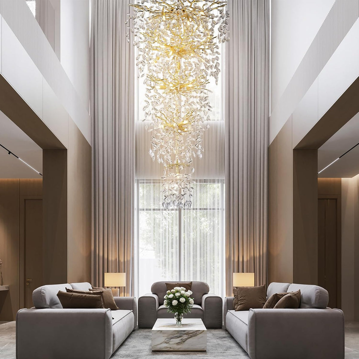 63'' Long Crystal Modern Gold Tree Branch Chandelier