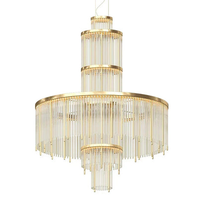 Modern Multi-layered Glass&Metal Rods Chandelier for High-ceiling