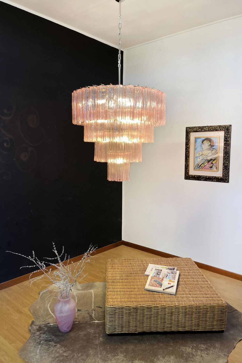 Large Pink Art Glass Tiered Chandelier - view 2 | everlamps