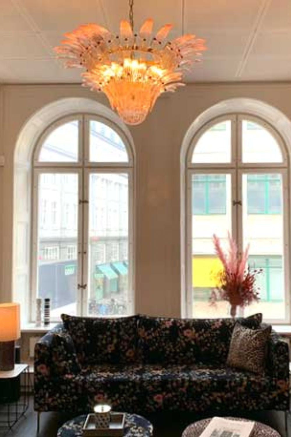 Vintage Art Pink Palm Leaf Glass Chandelier - view 3 | everlamps