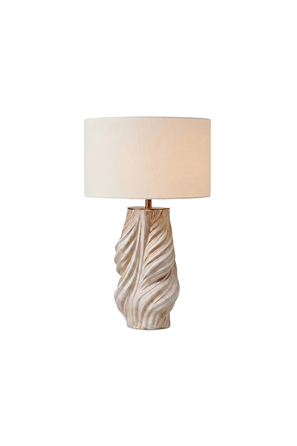 Adara Sculptural Ceramic Table Lamp | Ceramic, Fabric | Isolated lit product shot of a contemporary table lamp featuring a highly textured, twisted wavy ridged cream ceramic base and a minimalist white drum fabric shade | White background | vexa lamps