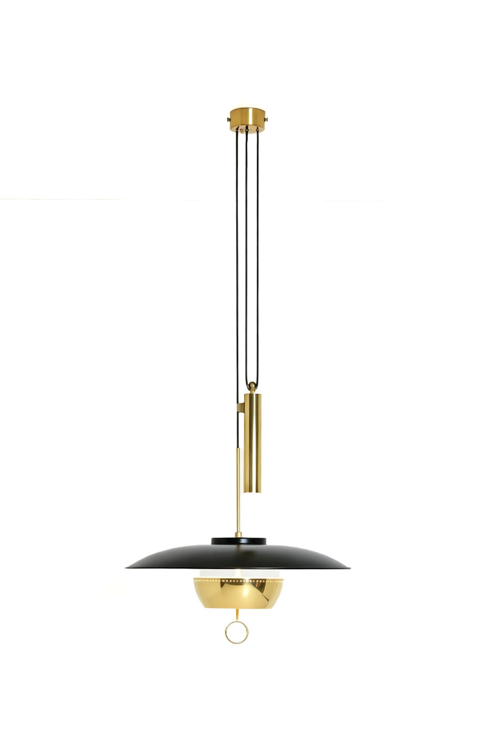 Adelaide Saucer Brass Pendant Light showcasing a sleek metal structure and modern acrylic shade.