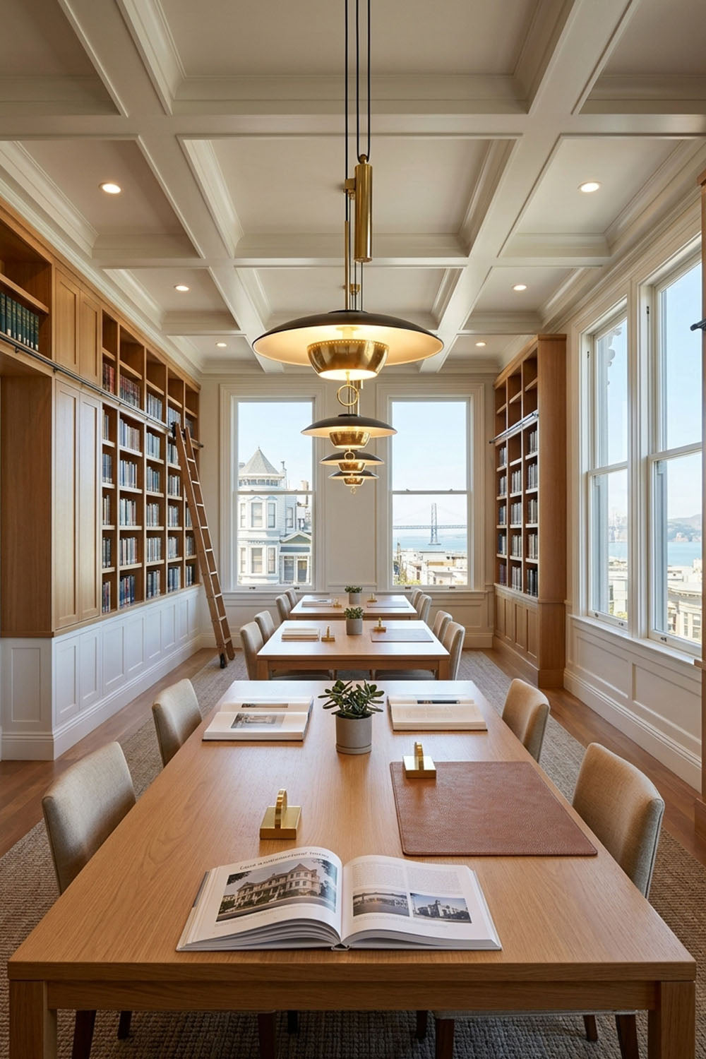 Adelaide Saucer Brass Pendant Light illuminating a stylish dining area with large windows and bookshelves.