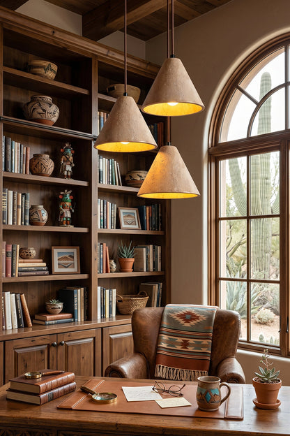 Trio of Aethel Core Pendant Lights | Beige Travertine, Metal | Library scene with bookshelves and leather chair | vexa lamps