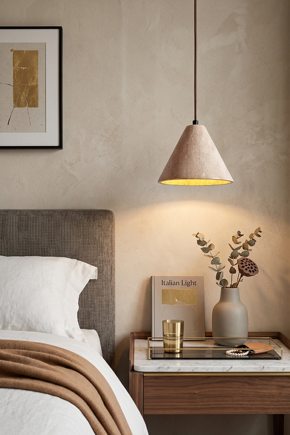 Single Aethel Core Pendant Light | Beige Travertine, Metal | Bedside lighting in a minimalist bedroom | vexa lamps