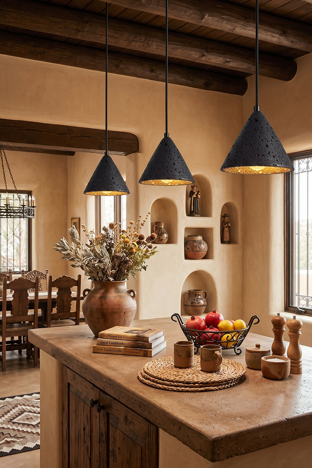 Aethel Core Pendant Light Cluster | Black Travertine, Metal | Rustic Southwestern kitchen interior | vexa lamps