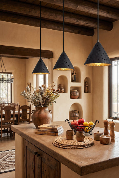 Aethel Core Pendant Light Cluster | Black Travertine, Metal | Rustic Southwestern kitchen interior | vexa lamps