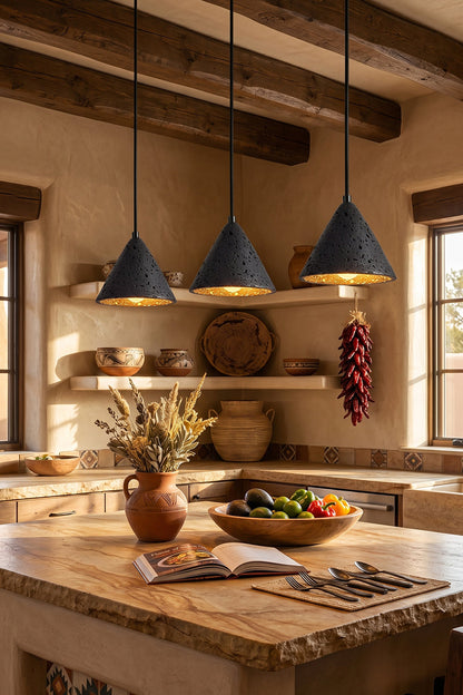 Three Black Aethel Core Pendant Lights | Black Travertine, Metal | Kitchen island lighting with wooden counter | vexa lamps