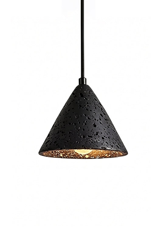 Aethel Core Travertine Pendant Light | Black Travertine, Metal | Conical shape, porous texture, gold interior | Isolated on white | vexa lamps