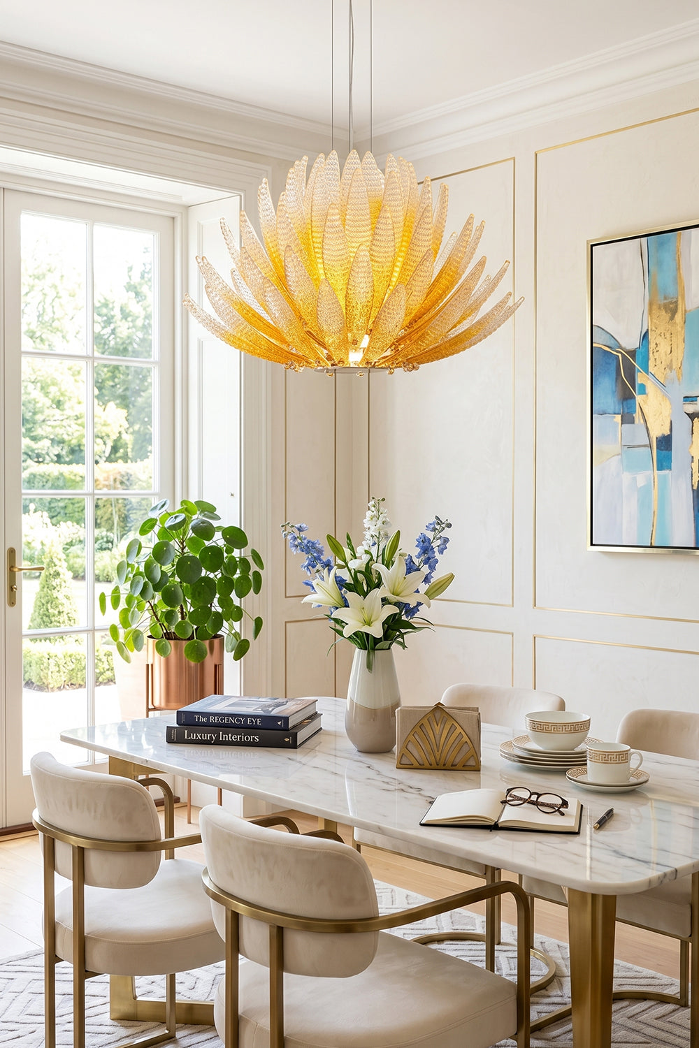 Helios Agave Glass Starburst Chandelier | Glass, Metal | Suspended over a modern marble dining table and cream upholstered chairs in a bright dining room | vexa lamps