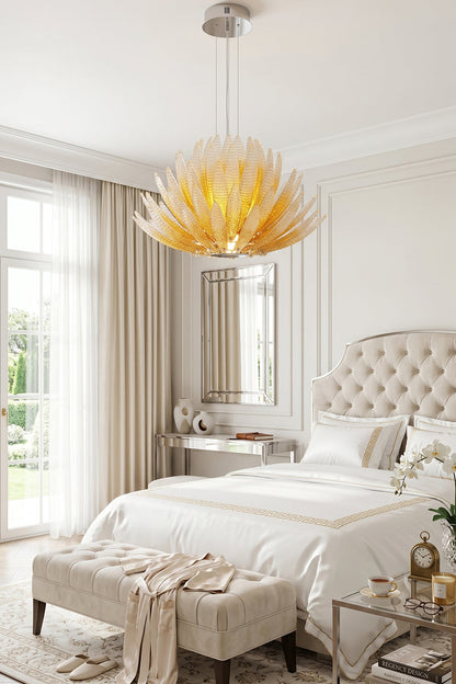 Helios Agave Glass Starburst Chandelier | Glass, Metal | Closer perspective of the blooming glass chandelier illuminating a serene bedroom setting | vexa lamps