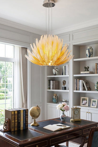 Helios Agave Glass Starburst Chandelier | Glass, Metal | Providing a warm ambient glow over a dark executive wood desk in a home office | vexa lamps
