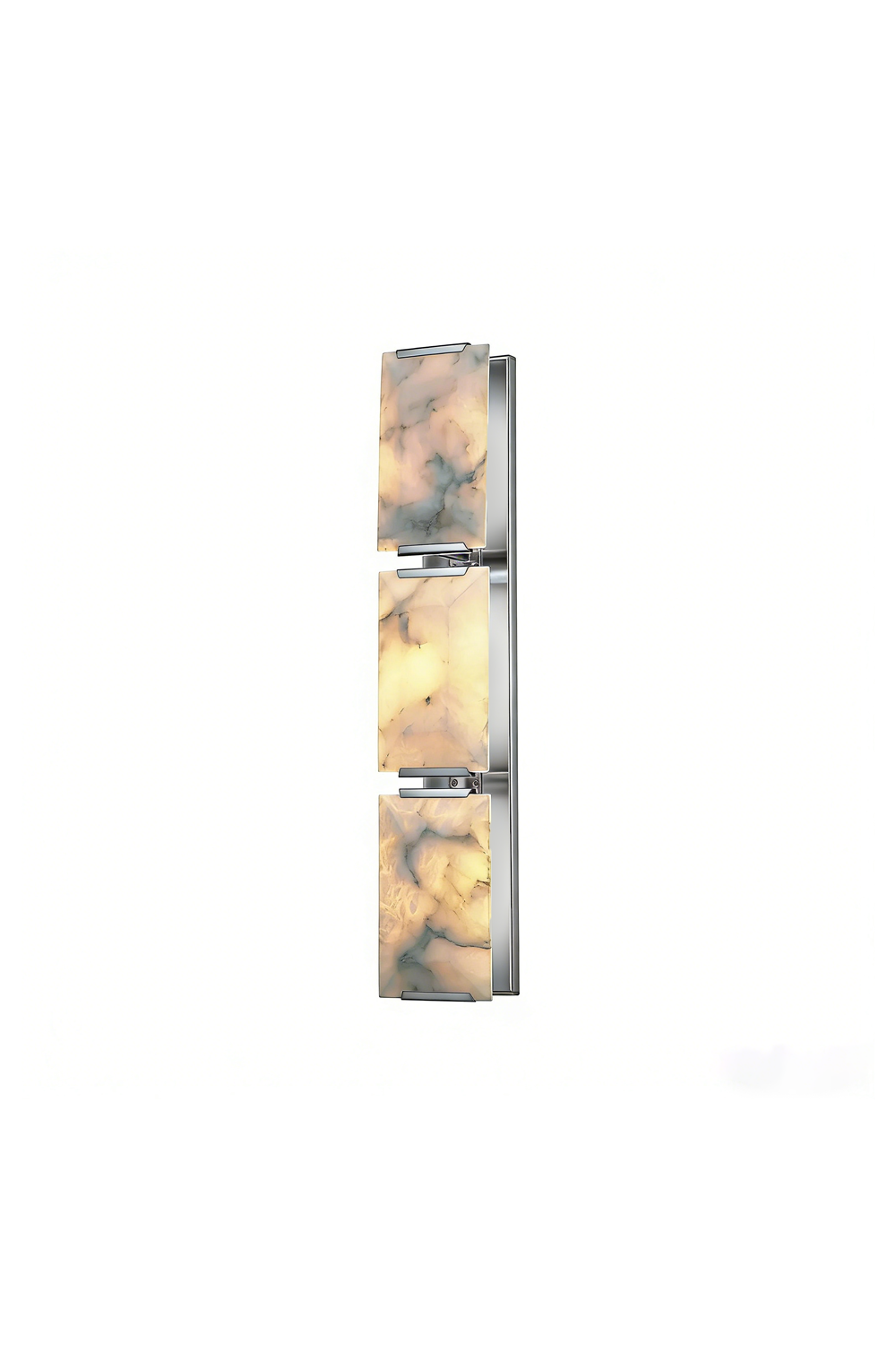 Lit 3-panel rectangular alabaster wall lamp with brass accents | Brass, Alabaster | Front view isolated on white background | vexa lamps