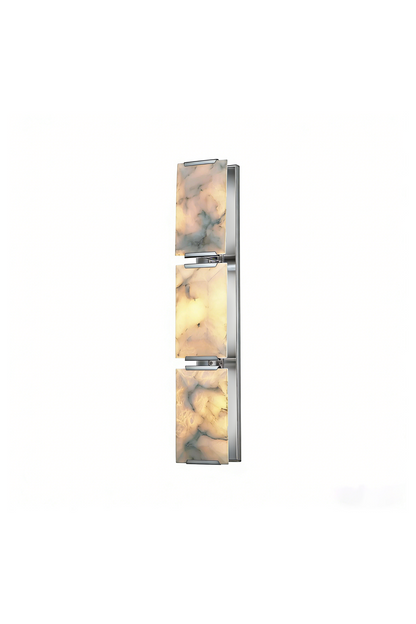 Lit 3-panel rectangular alabaster wall lamp with brass accents | Brass, Alabaster | Front view isolated on white background | vexa lamps