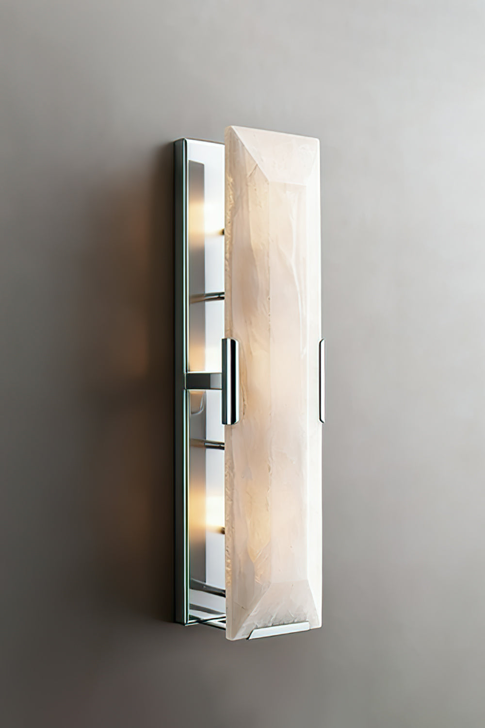 Lit rectangular alabaster lamp with chrome finish | Metal, Alabaster | Front view against a gray studio background | vexa lamps