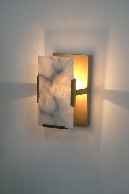 Lit square alabaster wall lamp | Brass, Alabaster | Side perspective showing warm illumination | vexa lamps